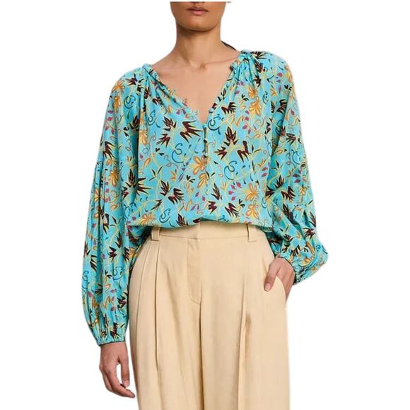 A.L.C. Tops - ALC Tropical Cotton Blouse Balloon Sleeve Turquoise 12 Resort Vacation Cruise